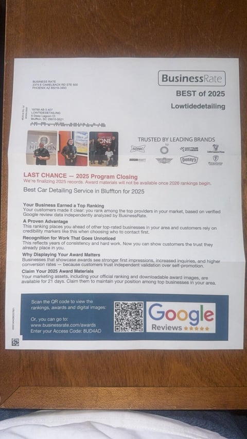 BusinessRate award certificate naming Low Tide Detailing Best Car Detailing Service in Bluffton for 2025